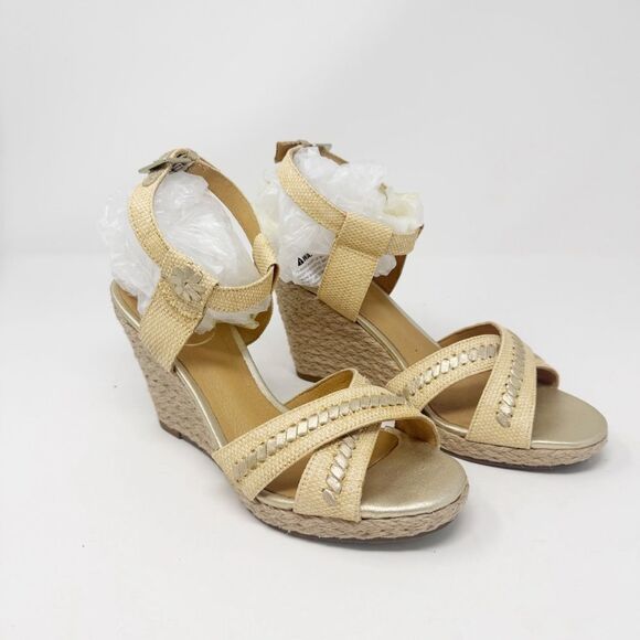 JACK ROGERS | Tan & Gold Wedge Espadrille Sandals Women’s Size 6 - Picture 9 of 12